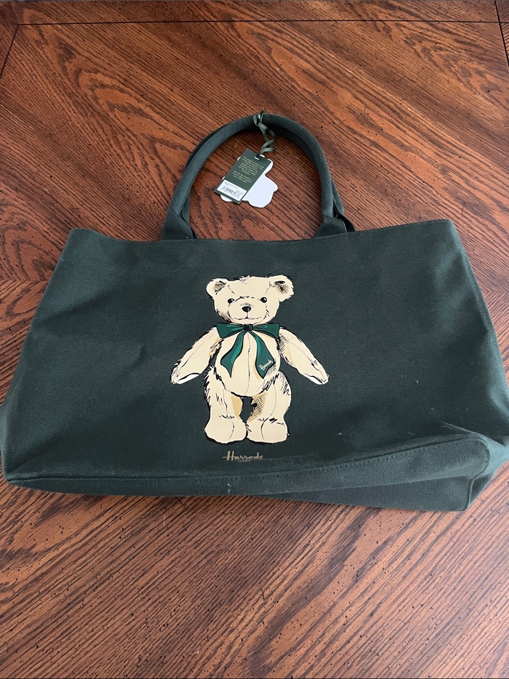 Harrods Green Canvas Tote with Teddy Bear Print - Picture 3 of 13